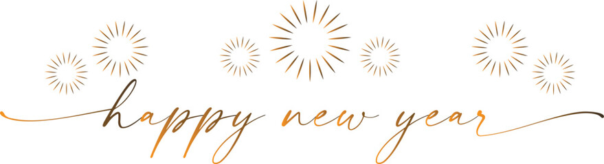 Happy New Year Script with Fireworks, Elegant New Year's Greeting, Golden Sparkle New Year Typography, vector, illustration.
