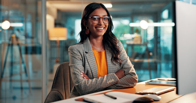 Crossed arms, happy and portrait of businesswoman in office with confidence for finance career. Professional, glasses and female financial manager with pride for accounting internship in workplace.