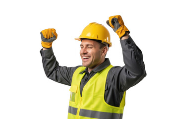 Fototapeta premium Joyful construction worker in yellow hard hat and safety vest celebrating success with raised fists isolated on transparent background