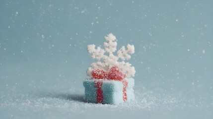 frozen gift box with snowflake decoration under falling snow cartoon christmas gift