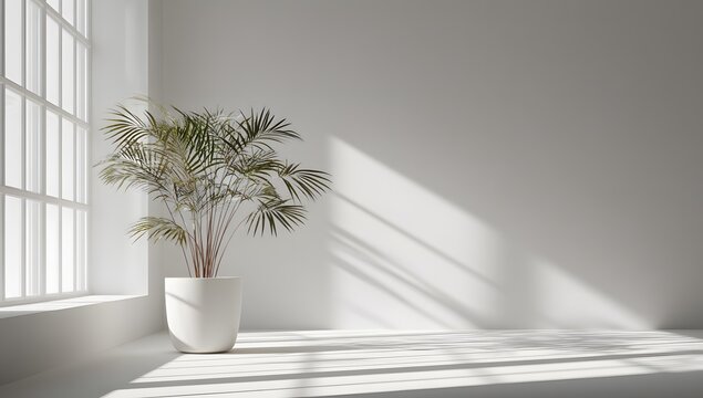 Minimalist interior design with a large potted green palm plant casting long shadows on an empty clean white wall and floor in bright sunlight