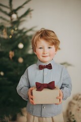 cute child holding a Christmas gift in front of a holiday tree Christmas portrait