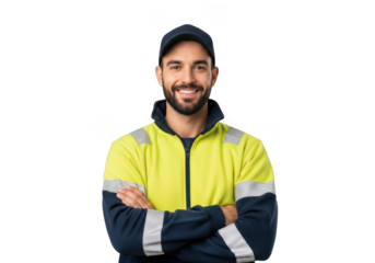 Smiling man wearing high visibility safety work jacket and baseball cap with arms crossed isolated on transparent background