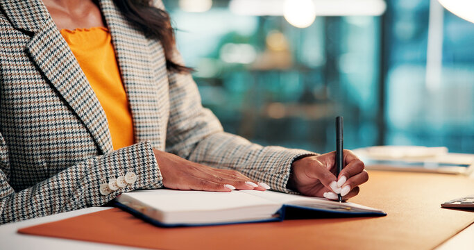 Hands, writing and notebook at office for review, proposal or research for article at media company. Person, writer or journalist with planning story, editing or project management at creative agency