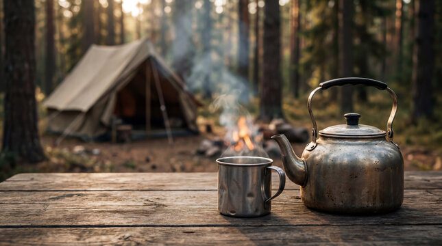 An old metal kettle and a mug with a steaming drink on a table against the backdrop of a tent and a smoking fire in the morning forest