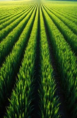 Fototapeta premium Vast green field with parallel rows of young crops. Lush plants grow under soft sunlight, creating stripes of light and shadow across the fertile land. Agriculture scene at dawn or dusk.