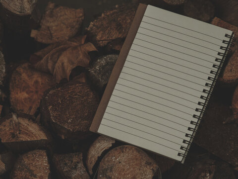 Matte spiral notebook on wooden surface, slightly rotated in opposite direction, with dry maple leaf on top, soft blue matte tone, autumn seasonal concept, cozy workspace, creative lifestyle mockup. - Powered by Adobe