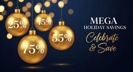 Shiny golden bauble with a percentage, hanging on dark blue background, representing holiday season sale promotion, for festive marketing campaign