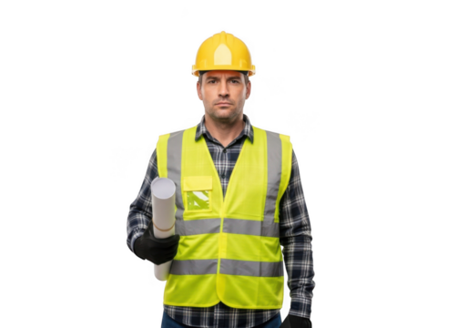 A construction worker wearing a yellow hard hat and a bright yellow safety vest holds blueprints isolated on transparent background