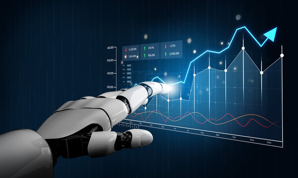 A robotic hand engages with a digital financial display, highlighting modern technology role in data manipulation and market trend analysis in business environments. Scalp