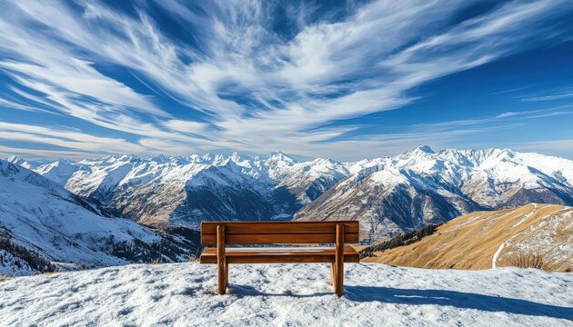 Wooden bench situated atop a snowy peak overlooking a vast expanse of snow-capped mountains under a bright blue sky