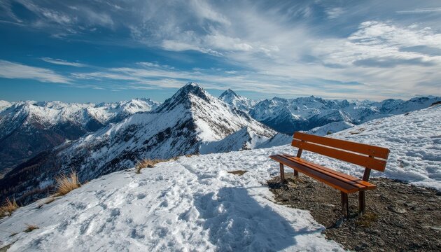 Wooden bench sits atop a snowy alpine ridge overlooking a vast range of snow-capped peaks under a bright sky