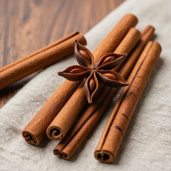 Cinnamon sticks and anise on dark wooden background
