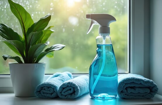 Blue spray bottle, soft blue towels, vibrant green houseplant rest on white window sill. Bright sunlight filters through window glass, showing water drops. Indoor scene evokes fresh home cleaning, - Powered by Adobe