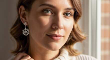 Woman Wearing Snowflake Earrings in Natural Light for Fashion Blogs, Jewelry Websites, Seasonal Style Guides, and Social Media Content