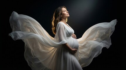 Pregnant woman in flowing white gown with illuminated background  