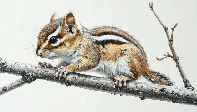 A detailed watercolor painting of a chipmunk perched on a tree branch, observing.