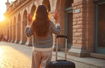 Young woman in striped sweater stands by suitcase on urban street. Waves goodbye with both hands to someone. Long brown hair catches warm golden sunset light. Female traveler prepares for journey,