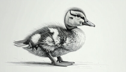 A detailed pencil sketch of a fluffy duckling, standing alone, with intricate feather details.