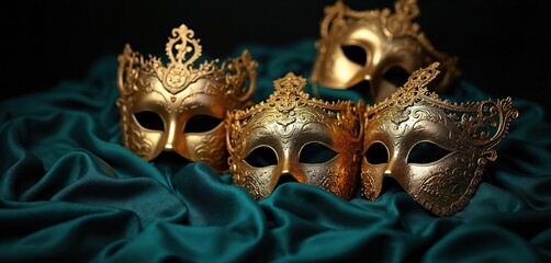 Four ornate golden carnival masks rest on luxurious dark teal fabric. These ornate face disguises suggest mystery, celebration, and elegance for events like masquerade balls or Venetian festivals.
