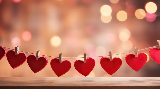 Romantic Red Heart Decorations Hanging with Glowing Bokeh Background.