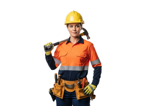 A construction worker wearing a yellow hard hat and orange safety shirt holding a hammer isolated on transparent background