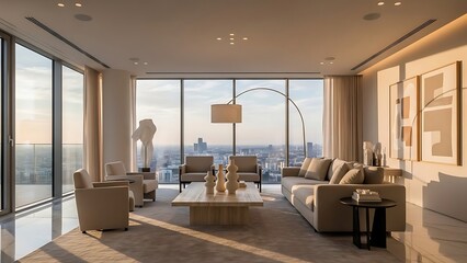 Fototapeta premium High-Rise Living Luxurious Apartment with City View, Modern Interior Design and Natural Light