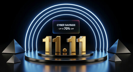 Metallic number on a platform with glowing neon circle, geometric pyramid, dark backdrop. Concept: Cyber savings, promotion, sale showcase