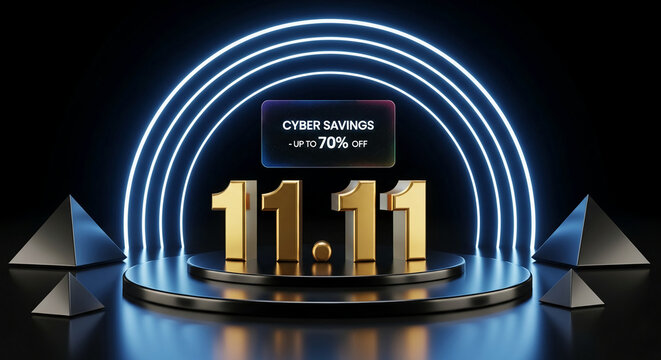 Metallic number on a platform with glowing neon circle, geometric pyramid, dark backdrop. Concept: Cyber savings, promotion, sale showcase