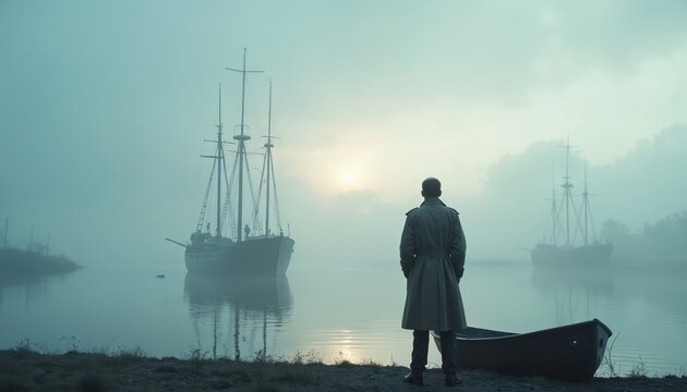 Man in trench coat stands by canoe on river bank. He looks at large sailing ships in thick fog at sunrise. Mysterious misty morning view creates dramatic atmosphere and sense of epic journey.