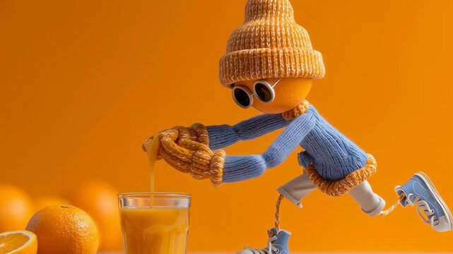 A cartoon character is pouring orange juice into a glass. The scene is set in a bright orange room, with the character wearing a blue sweater and glasses. Scene is cheerful and playful