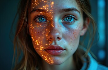 Young woman face overlaid with glowing digital circuit patterns. Blue eyes stare forward. AI concept. Face digitally altered. Tech abstract.