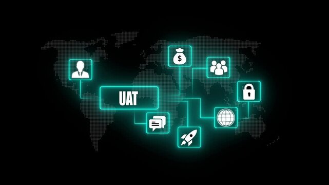 UAT User Acceptance Testing Global Network Business Process Workflow Technology Icons Connected World Map Digital Interface Communication Finance Security Launch Teamwork