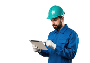 A focused construction worker wearing a blue uniform and green hard hat uses a tablet device isolated on transparent background