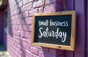 Wooden frame blackboard hangs on purple brick wall. The sign displays white text for Small Business Saturday. It is an advertisement for local community shops.