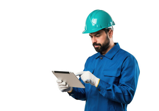 A focused construction worker wearing a blue uniform and green hard hat uses a tablet device isolated on transparent background