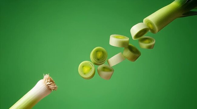 Fresh leek slices falling through the air with a whole leek and root end against a vibrant green background