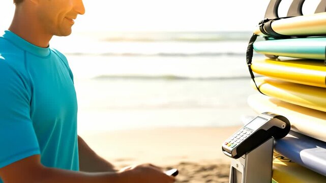 Man making contactless payment with phone on beach for surf gear rental, happy with modern cashless transaction, footage