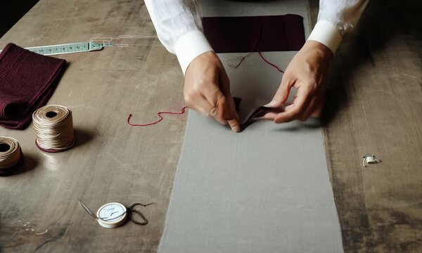 Tailor folding and cutting burgundy fabric on wooden table