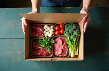 Person opens cardboard box with fresh raw meat steaks, broccoli florets, small tomatoes and herbs. Meat and veg ingredients for cooking healthy dinner meal kit. Organic food delivery.