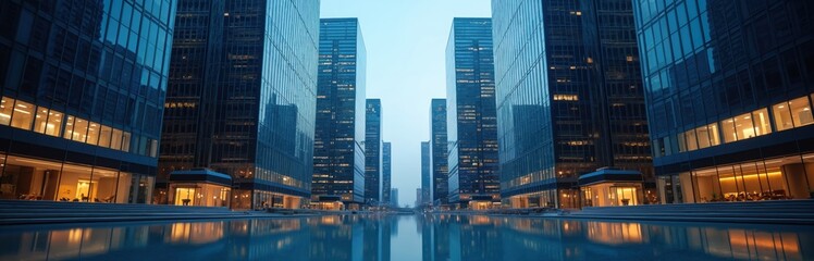 Fototapeta premium Modern glass skyscrapers line reflective pool at dusk. Tall buildings with many windows create a symmetrical urban scene. Corporate business district glows with interior lights.