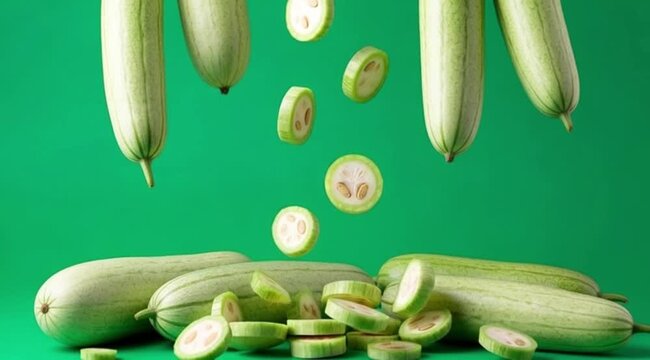 Fresh light green zucchinis whole and sliced falling dynamically onto a surface against a vibrant green studio background