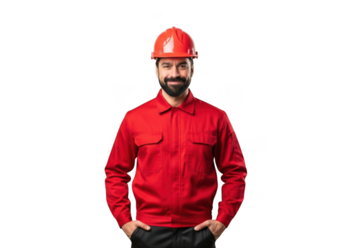 Smiling bearded male construction worker wearing red safety helmet and uniform standing confidently isolated on transparent background - Powered by Adobe