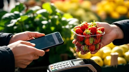 Woman using contactless payment with a smartphone and payment terminal for strawberries, footage - Powered by Adobe