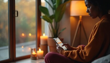 Young woman uses phone app for mental wellness. She sits indoors near window with candles and plant. App offers guided meditation or mood tracking for better wellbeing.