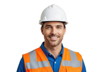 Smiling male construction worker wearing white hard hat and orange safety vest isolated on transparent background