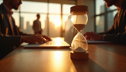 Men work on laptop with hourglass. Deadline concept. Time is money. People work on business task. Sand timer shows limited time. Sunset cityscape view from window behind.