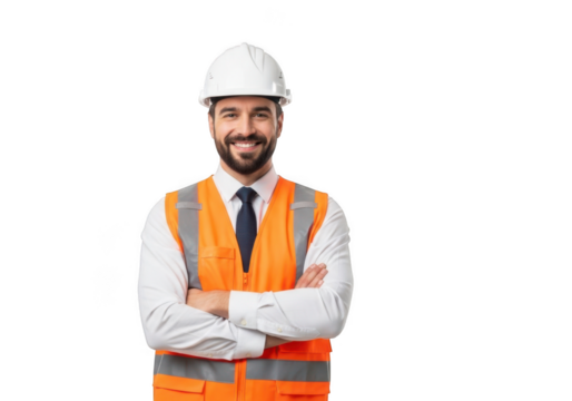 Smiling caucasian male construction worker wearing safety vest and hard hat with arms crossed isolated on transparent background - Powered by Adobe