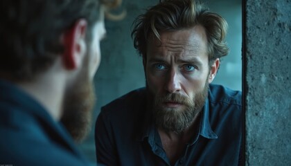 Serious man with beard, blue eyes stares at reflection. Faces internal struggles, deep thoughts about identity, mental health issues, self-doubt. Feels lonely, anxious, worried, facing personal