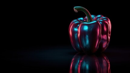 Glossy bell pepper illuminated by vibrant cyan and pink neon lights on dark reflective background